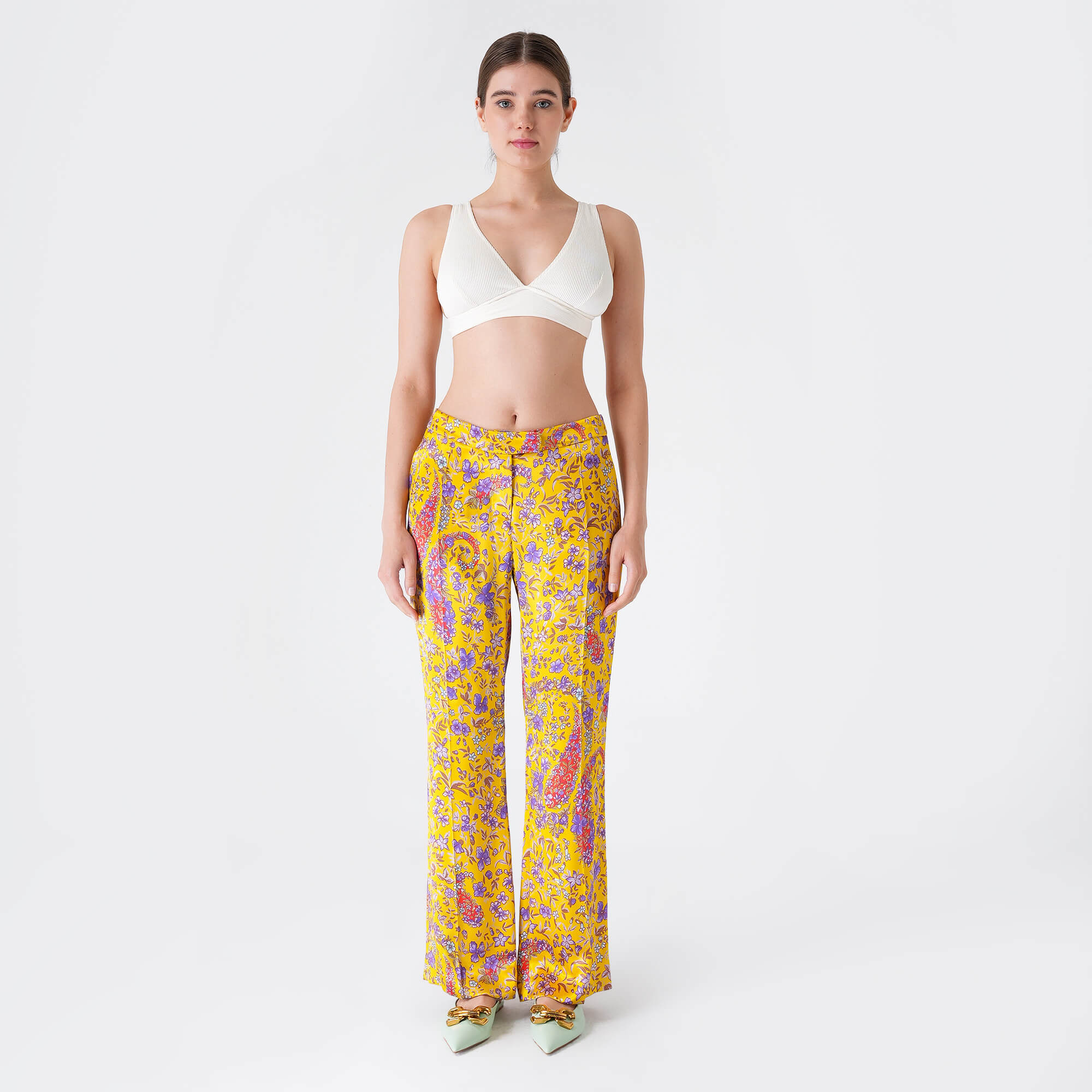 Etro - Yellow&Lilac Floral Print Viscose Flare High Waist Pants